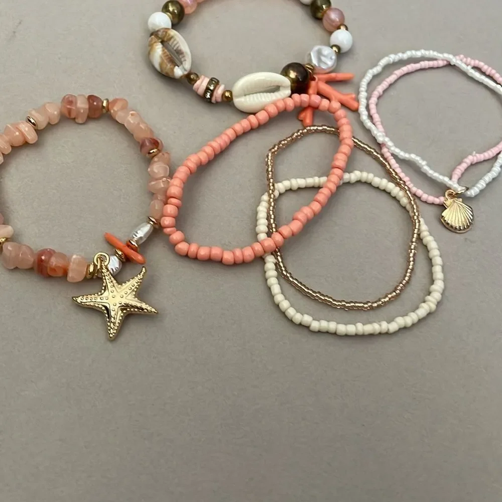 Coral and Gold Beaded Bracelet Set A1230